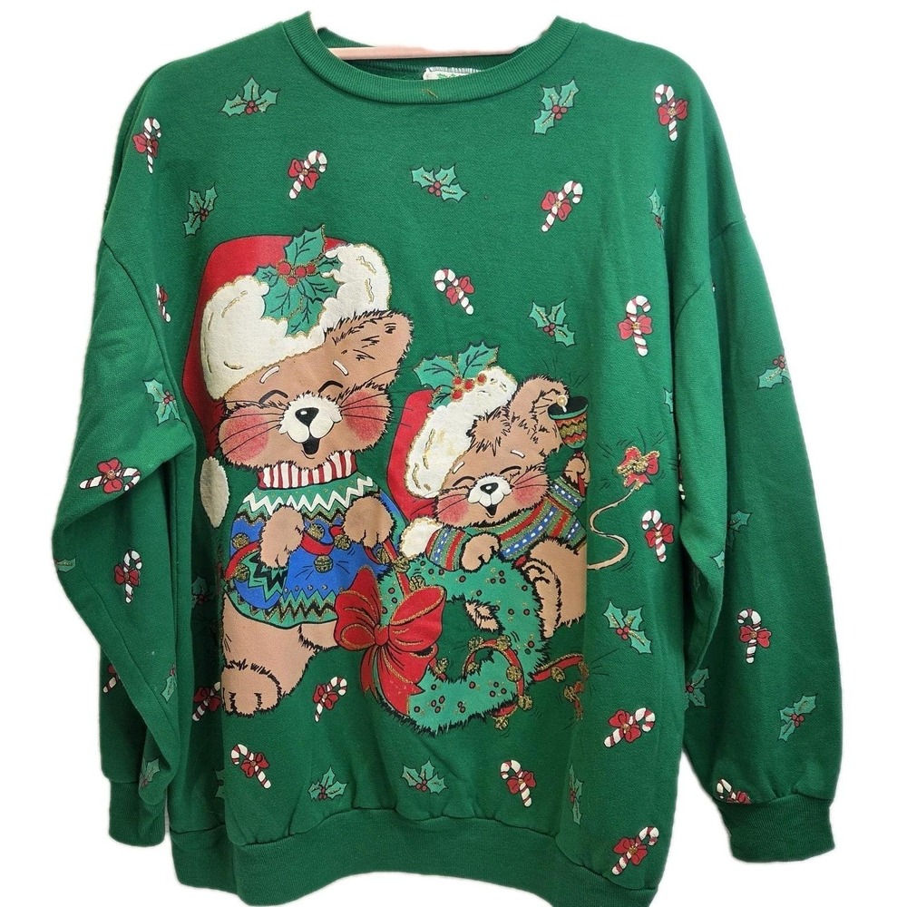 Vtg NutCrackers Christmas Sweatshirt Women M USA Made Green Cute Bears All Over